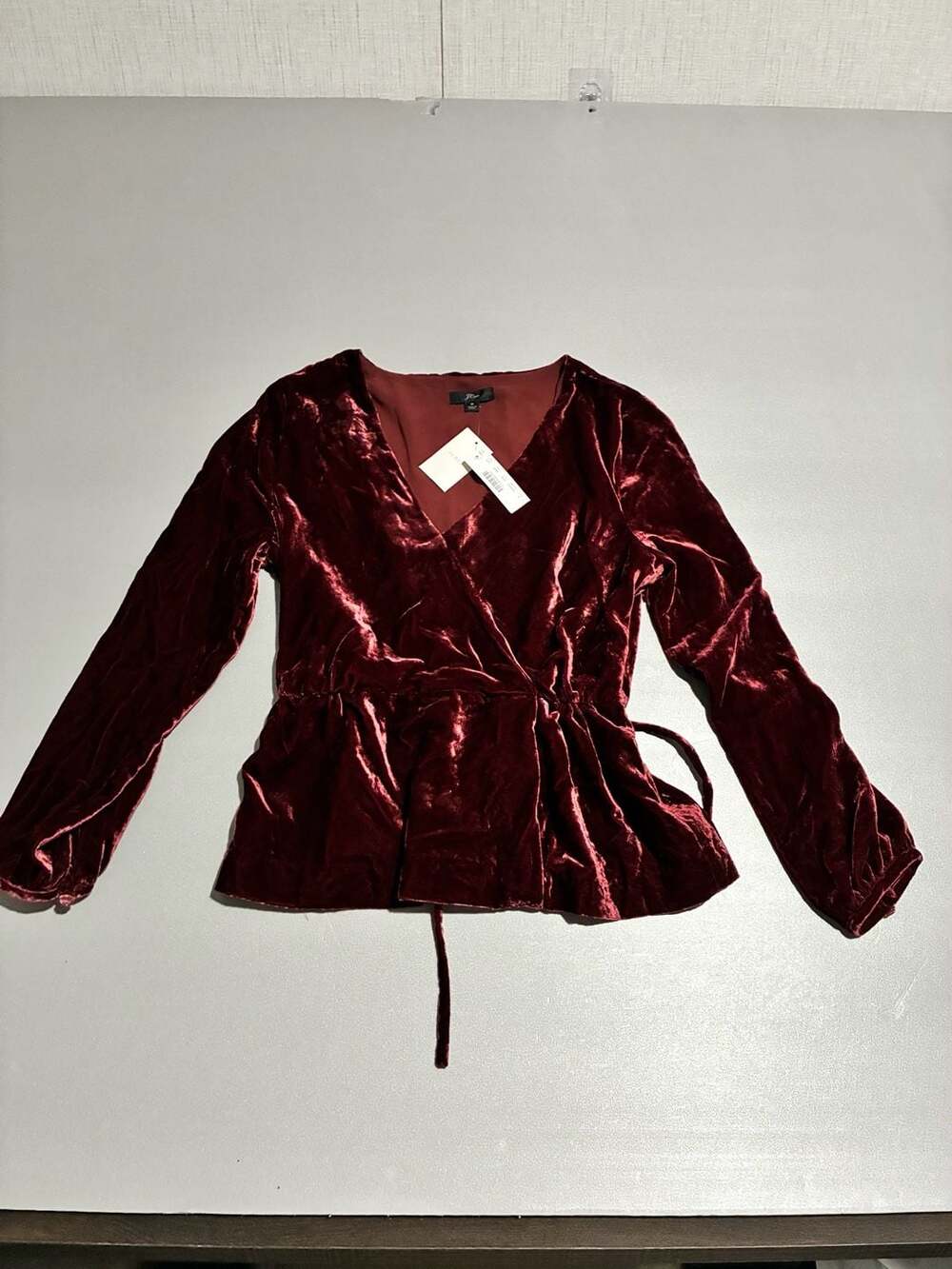 J.Crew Faux-Wrap Velvet Top Size XS Burgundy Red Long Sleeve